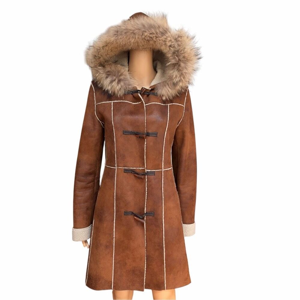 Marc NY Andrew Marc Coat Faux Suede Shearling raccoon Fur Trim Hood Brown size S